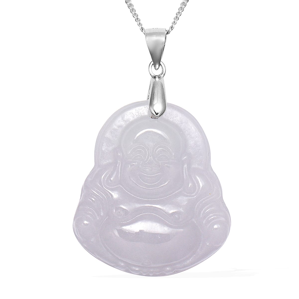 Carved Natural Jade Pendant with Chain  (Size 18) in Rhodium Overlay Sterling Silver 31.00 Ct.