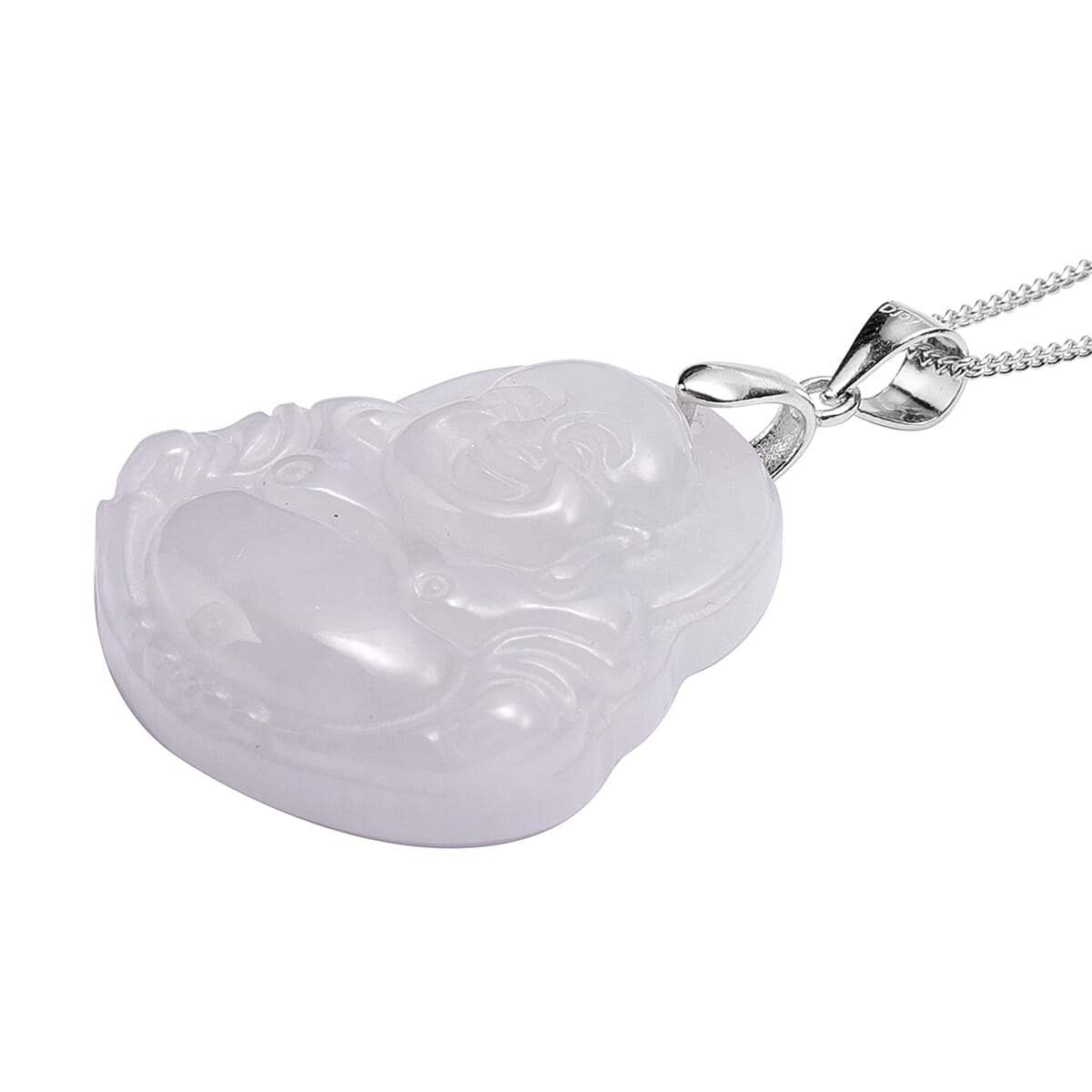 Carved Natural Jade Pendant with Chain  (Size 18) in Rhodium Overlay Sterling Silver 31.00 Ct.