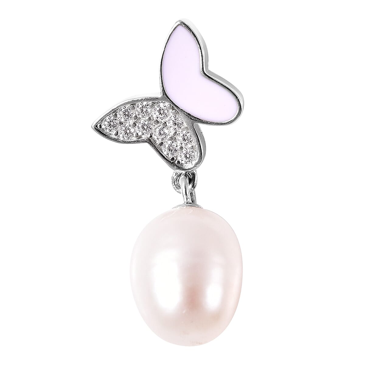 Freshwater White Pearl and Simulated Enamelled Butterly Drop Pendant in Rhodium Overlay Sterling Silver