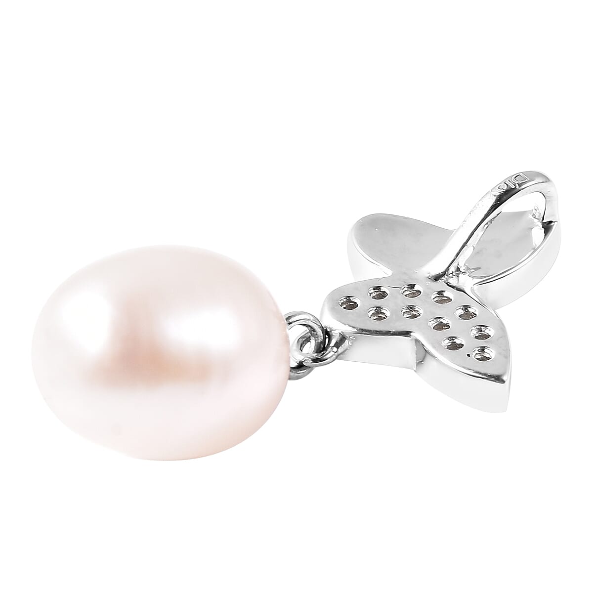 Freshwater White Pearl and Simulated Enamelled Butterly Drop Pendant in Rhodium Overlay Sterling Silver