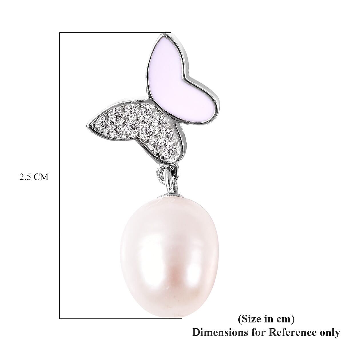 Freshwater White Pearl and Simulated Enamelled Butterly Drop Pendant in Rhodium Overlay Sterling Silver