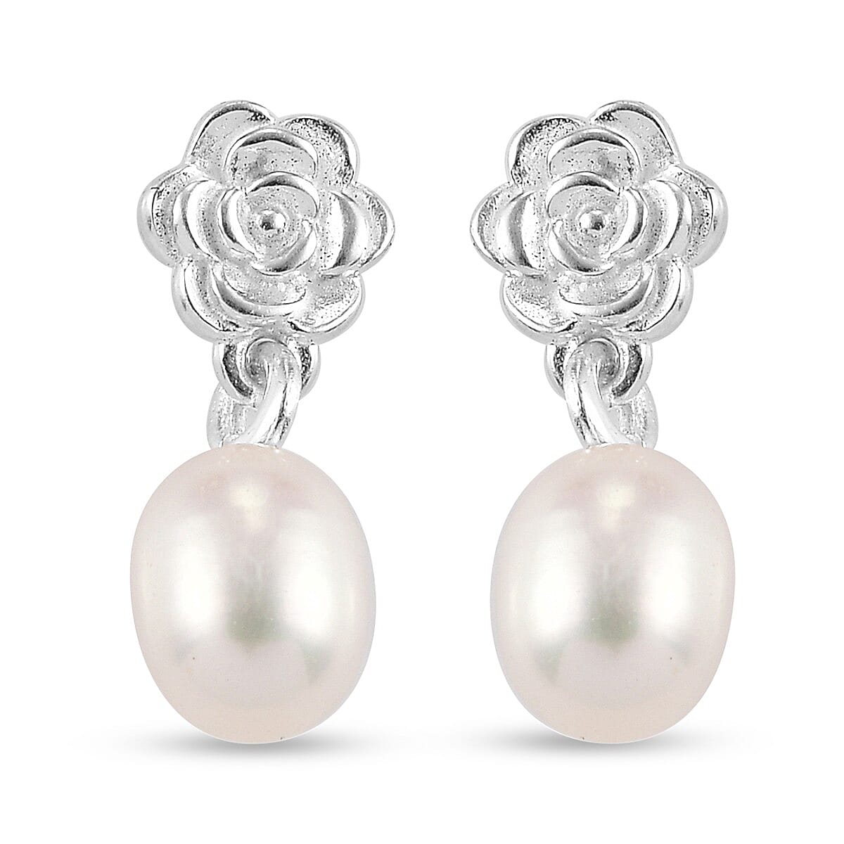 Freshwater Pearl Floral Drop Earrings (with Push Back) in Sterling Silver