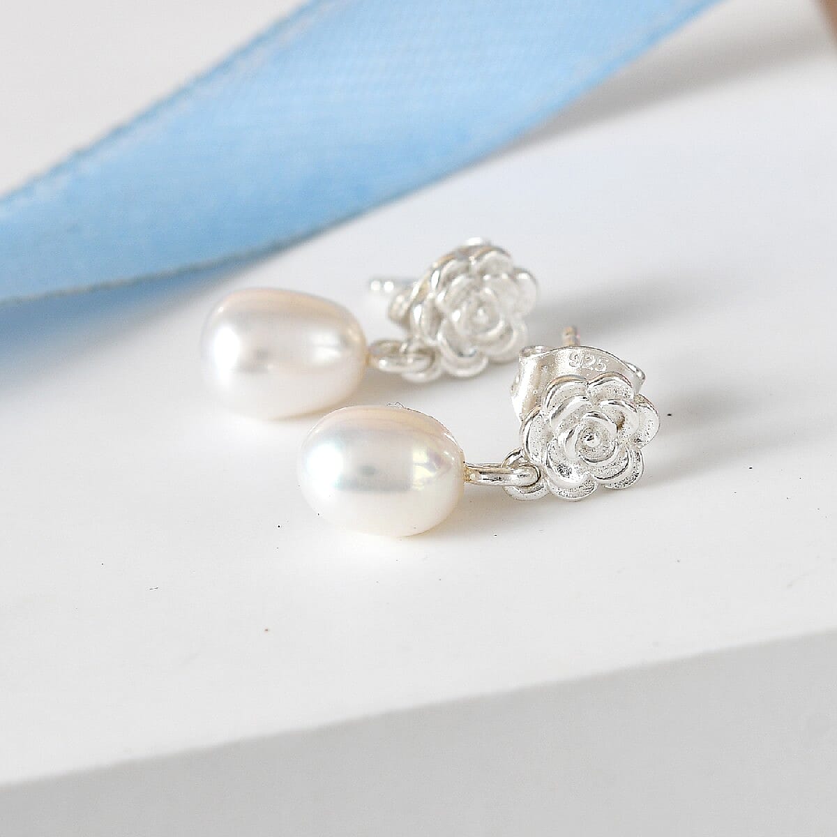 Freshwater Pearl Floral Drop Earrings (with Push Back) in Sterling Silver