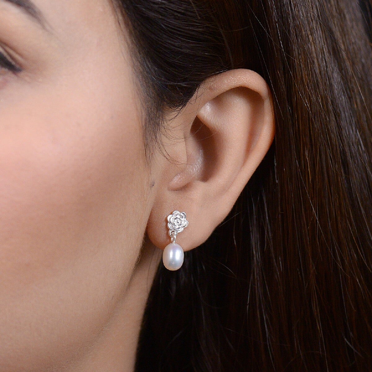 Freshwater Pearl Floral Drop Earrings (with Push Back) in Sterling Silver