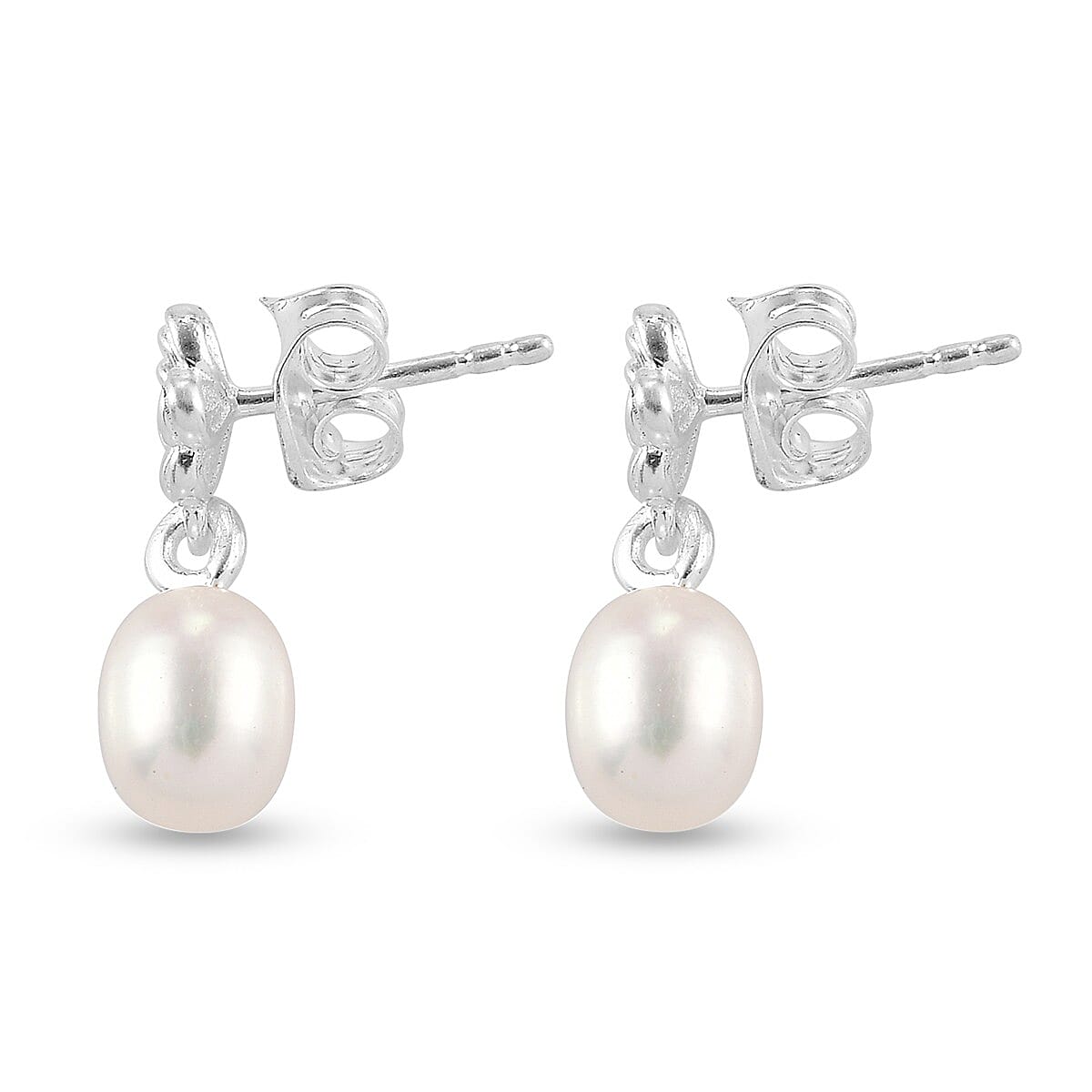 Freshwater Pearl Floral Drop Earrings (with Push Back) in Sterling Silver