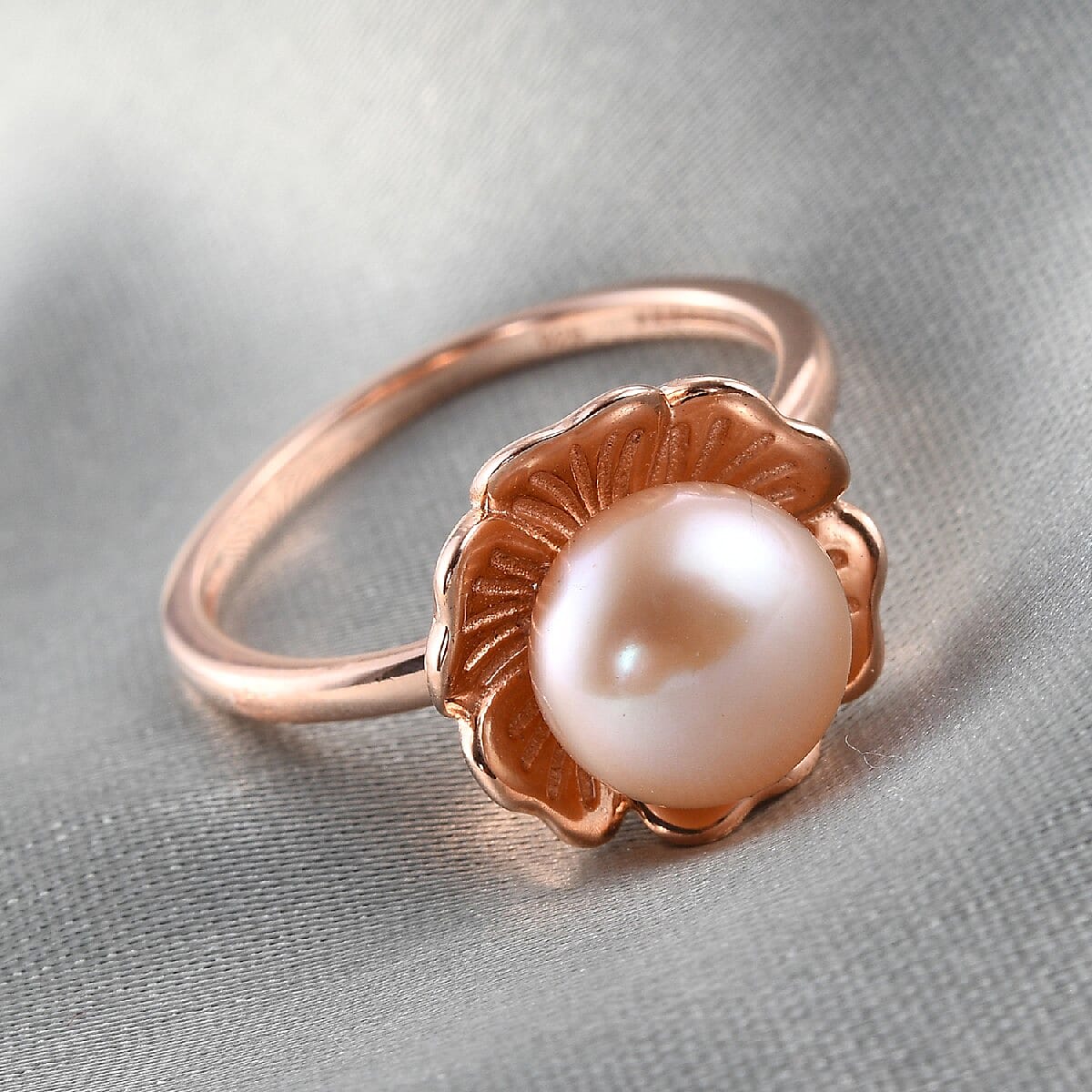 Freshwater Pink Pearl Floral Ring in Rose Gold Overlay Sterling Silver