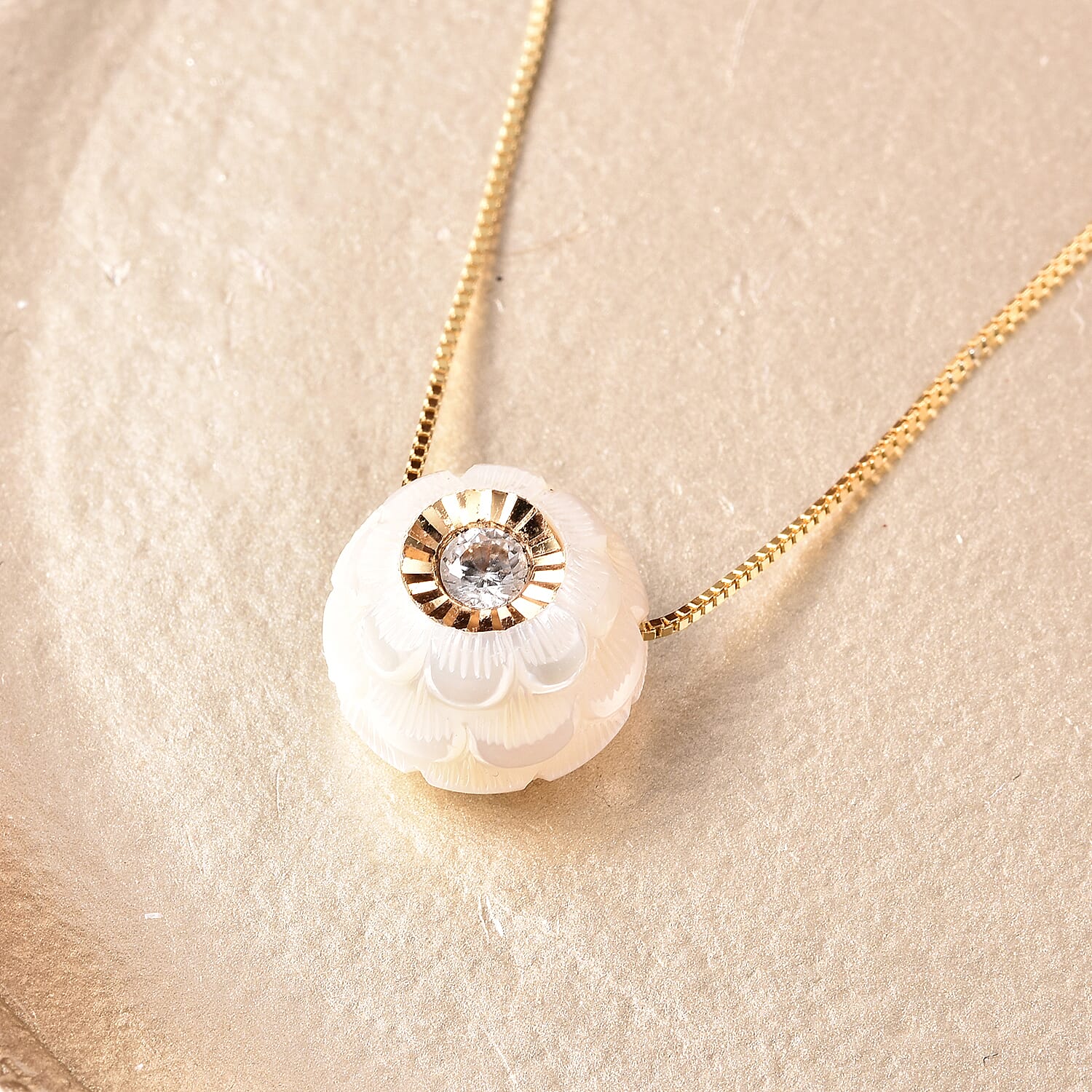 Galatea Pearl - Star Pearl in a Pearl- Carved Freshwater White Pearl and Natural ZirconPendant with Chain (Size 18) in Yellow Gold Overlay Sterling Silver