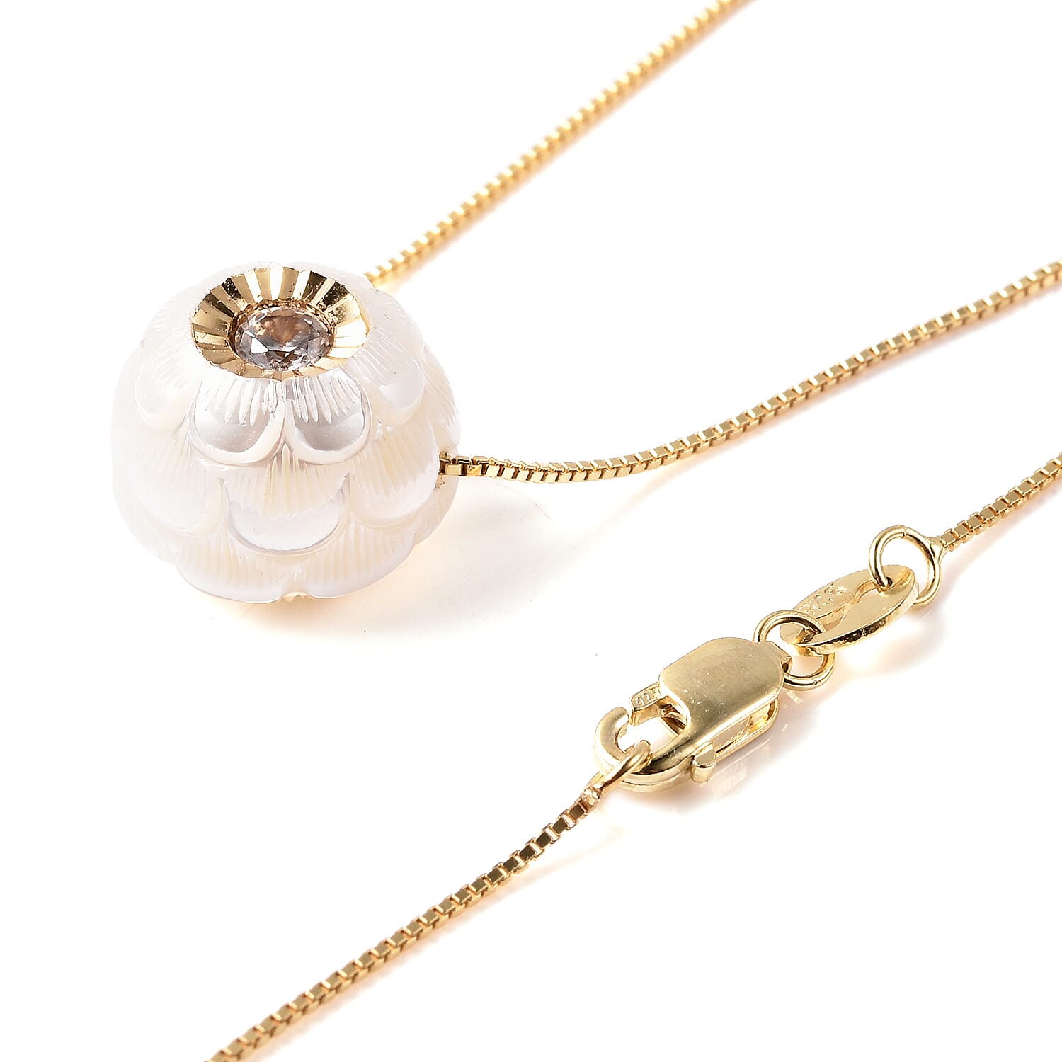 Galatea Pearl - Star Pearl in a Pearl- Carved Freshwater White Pearl and Natural ZirconPendant with Chain (Size 18) in Yellow Gold Overlay Sterling Silver