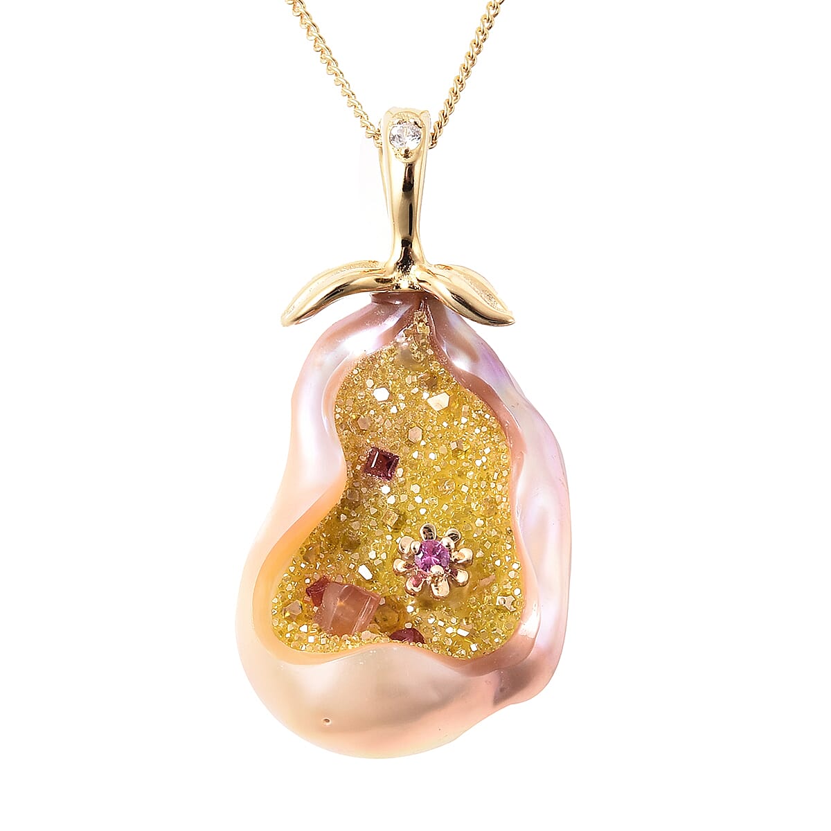 Galatea Pearl - Lab Created Diamond, Mozambique Garnet, Freshwater Pearl and Multi Gemstone Pendant with Chain (Size 18) in Yellow Gold Overlay Sterling Silver