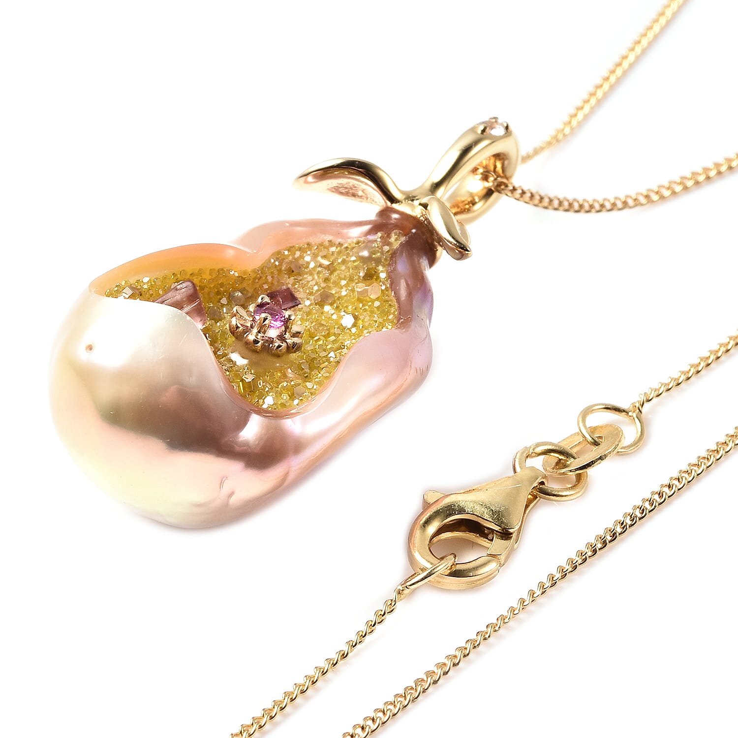 Galatea Pearl - Lab Created Diamond, Mozambique Garnet, Freshwater Pearl and Multi Gemstone Pendant with Chain (Size 18) in Yellow Gold Overlay Sterling Silver