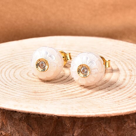 Galatea Pearl - Star in a Pearl- Carved Freshwater White Pearl and Natural Zircon Stud Earrings (with Push Back) in Yellow Gold Overlay Sterling Silver