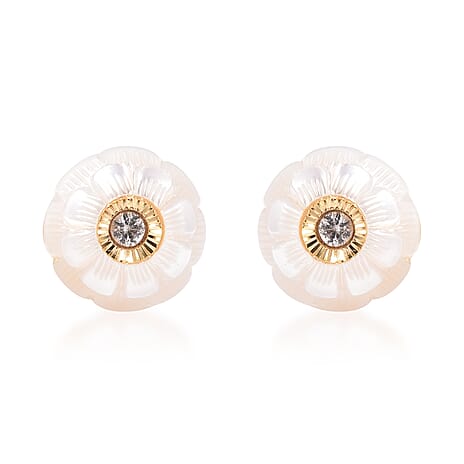 Galatea Pearl - Star in a Pearl- Carved Freshwater White Pearl and Natural Zircon Stud Earrings (with Push Back) in Yellow Gold Overlay Sterling Silver