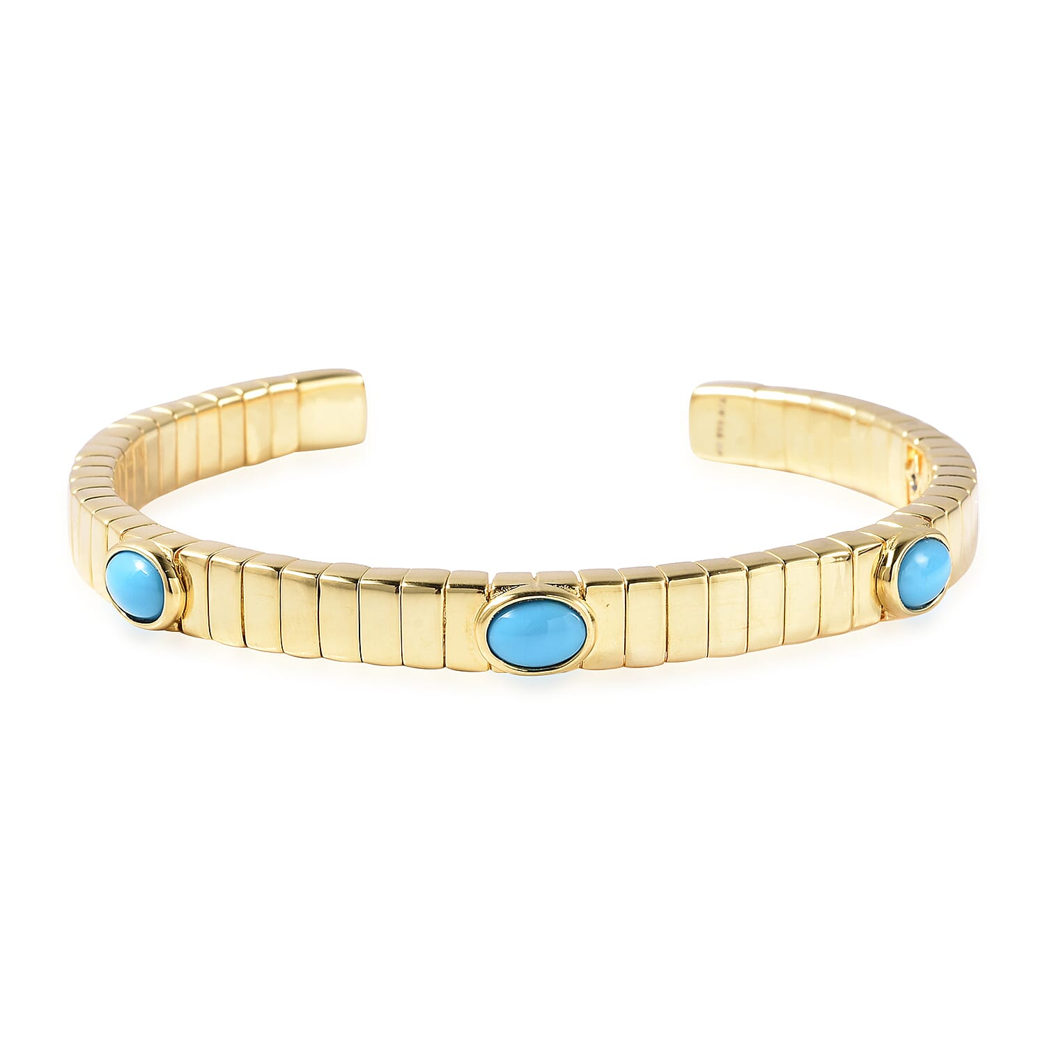 GP Tubogas Collection- Arizona Sleeping Beauty Turquoise Bangle (Size 7.5) in Yellow Gold Overlay Sterling Silver 2.13 Ct, Silver Wt. 33.25 Gms