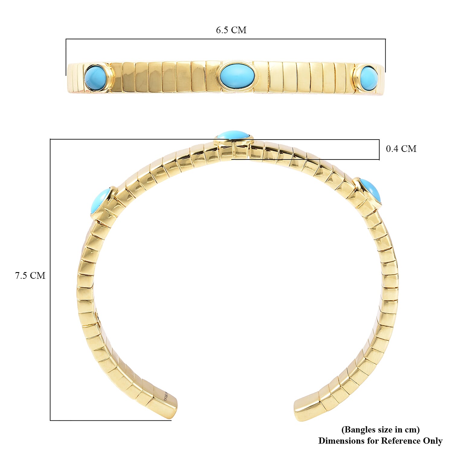 GP Tubogas Collection- Arizona Sleeping Beauty Turquoise Bangle (Size 7.5) in Yellow Gold Overlay Sterling Silver 2.13 Ct, Silver Wt. 33.25 Gms