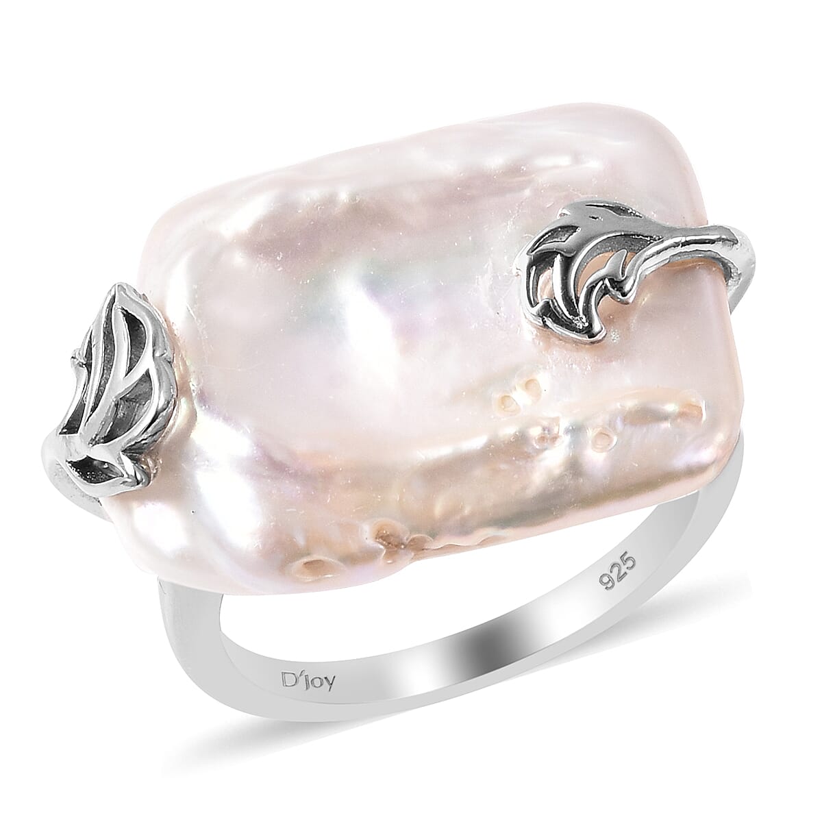 White Baroque Coin Pearl Ring in Rhodium Overlay Sterling Silver