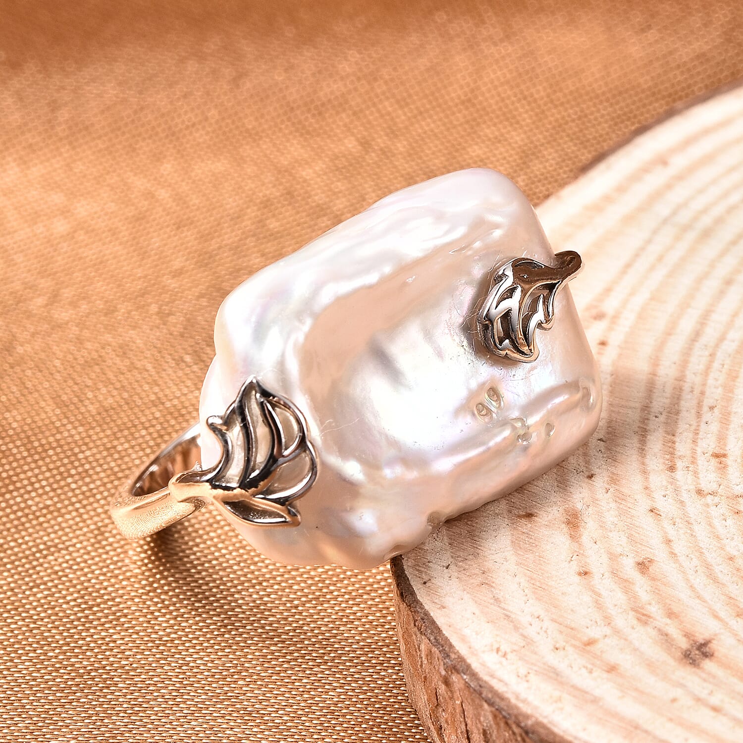 White Baroque Coin Pearl Ring in Rhodium Overlay Sterling Silver