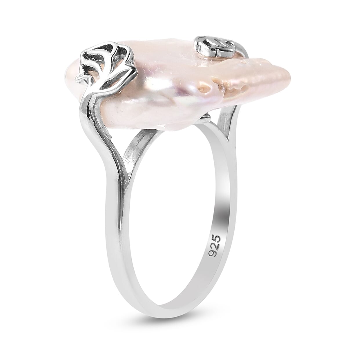 White Baroque Coin Pearl Ring in Rhodium Overlay Sterling Silver