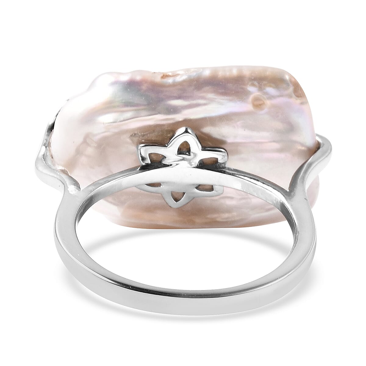 White Baroque Coin Pearl Ring in Rhodium Overlay Sterling Silver