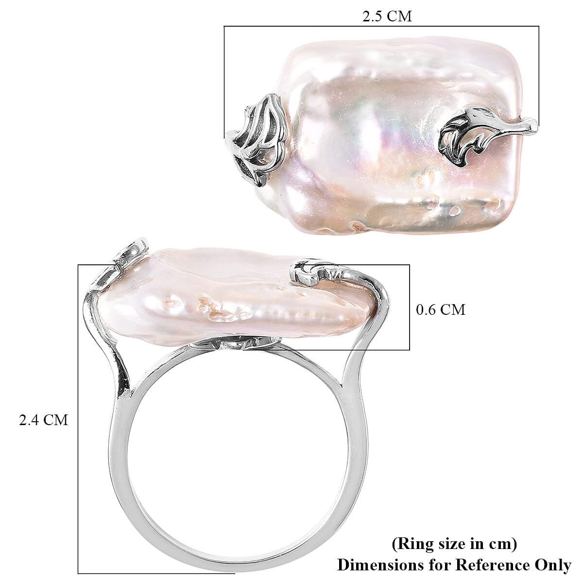 White Baroque Coin Pearl Ring in Rhodium Overlay Sterling Silver
