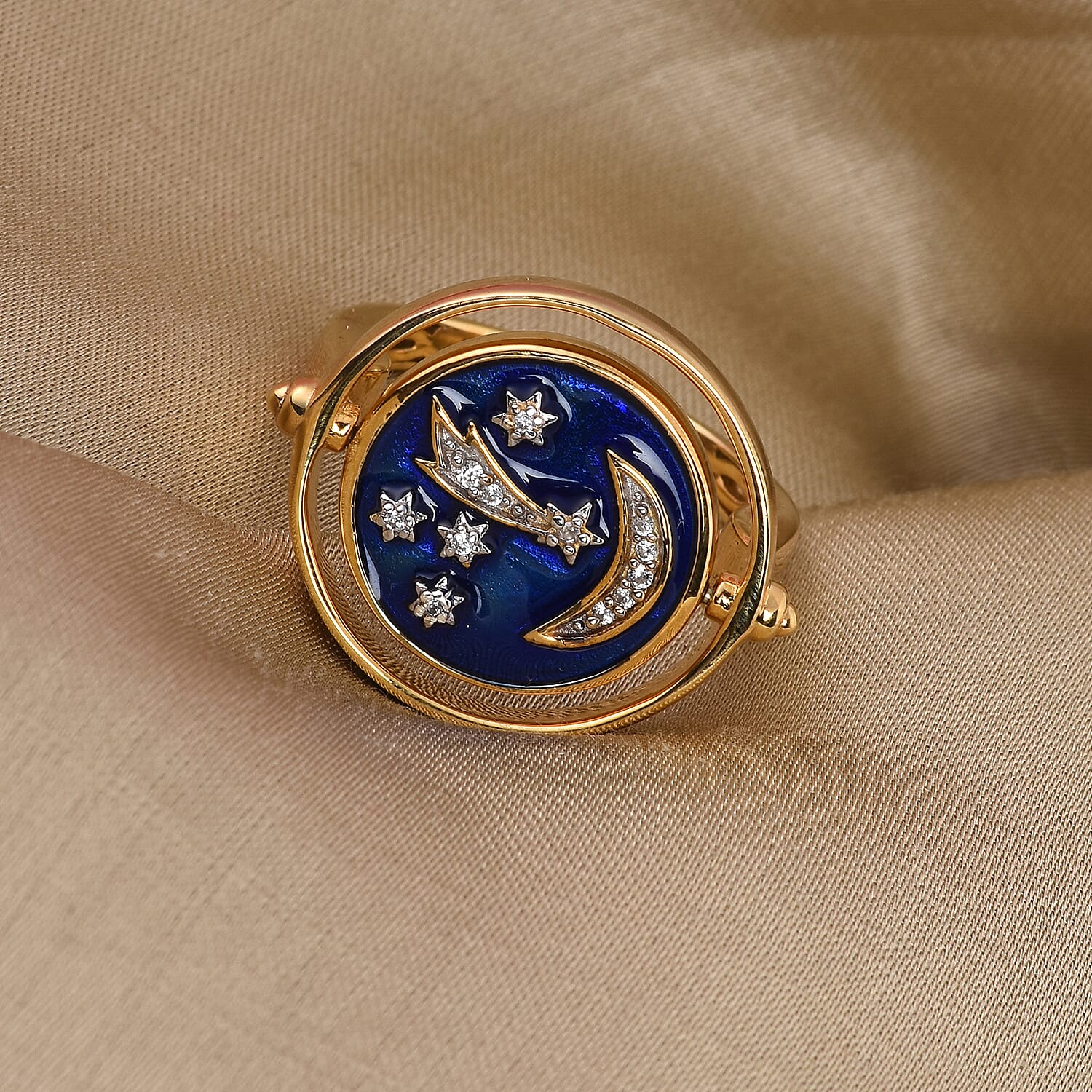 GP Natural Cambodian Zircon and Blue Sapphire Celestial Theme Enamelled Ring in 14K Gold Overlay Sterling Silver