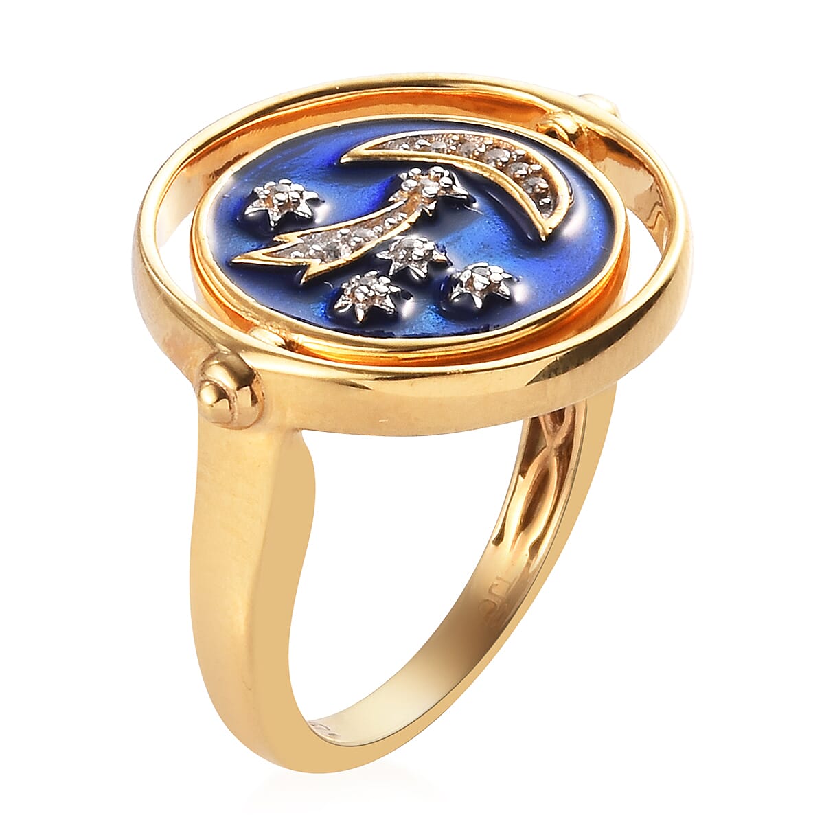GP Natural Cambodian Zircon and Blue Sapphire Celestial Theme Enamelled Ring in 14K Gold Overlay Sterling Silver