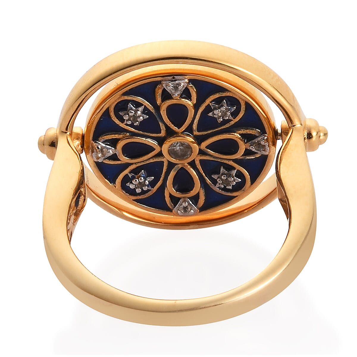 GP Natural Cambodian Zircon and Blue Sapphire Celestial Theme Enamelled Ring in 14K Gold Overlay Sterling Silver