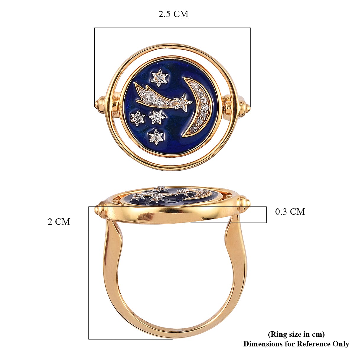 GP Natural Cambodian Zircon and Blue Sapphire Celestial Theme Enamelled Ring in 14K Gold Overlay Sterling Silver