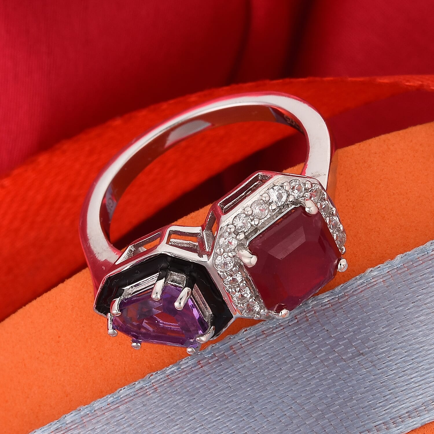 GP African Ruby (FF), Amethyst and Multi Gemstone Enamelled Ring in Platinum Overlay Sterling Silver 3.85 Ct.
