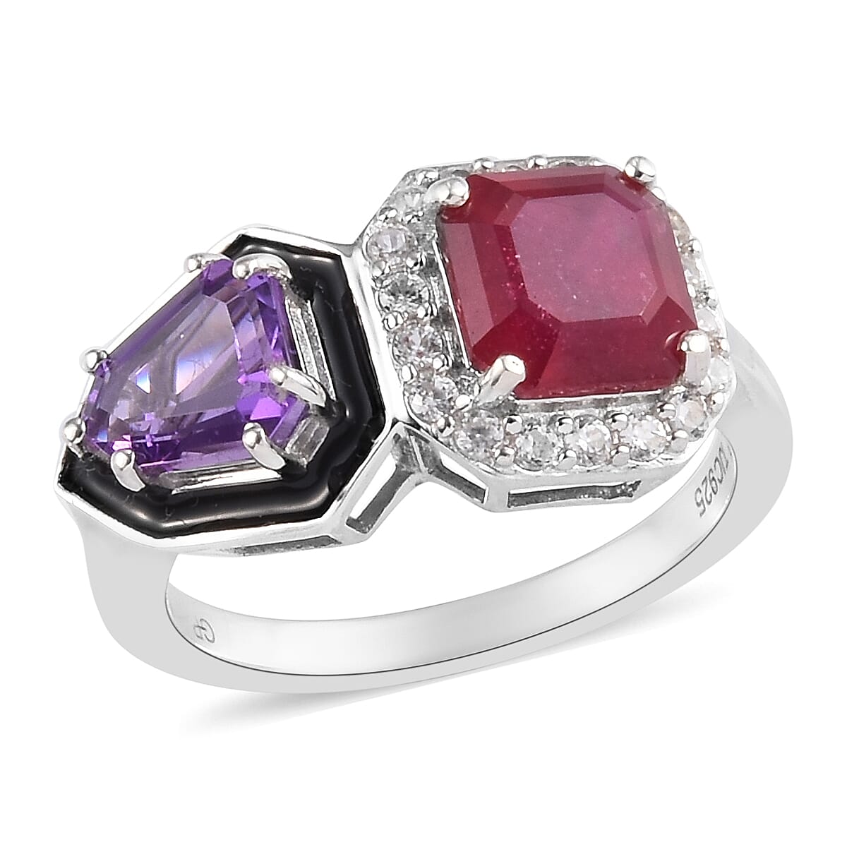GP African Ruby (FF), Amethyst and Multi Gemstone Enamelled Ring in Platinum Overlay Sterling Silver 3.85 Ct.