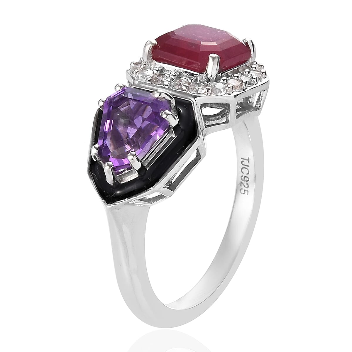 GP African Ruby (FF), Amethyst and Multi Gemstone Enamelled Ring in Platinum Overlay Sterling Silver 3.85 Ct.
