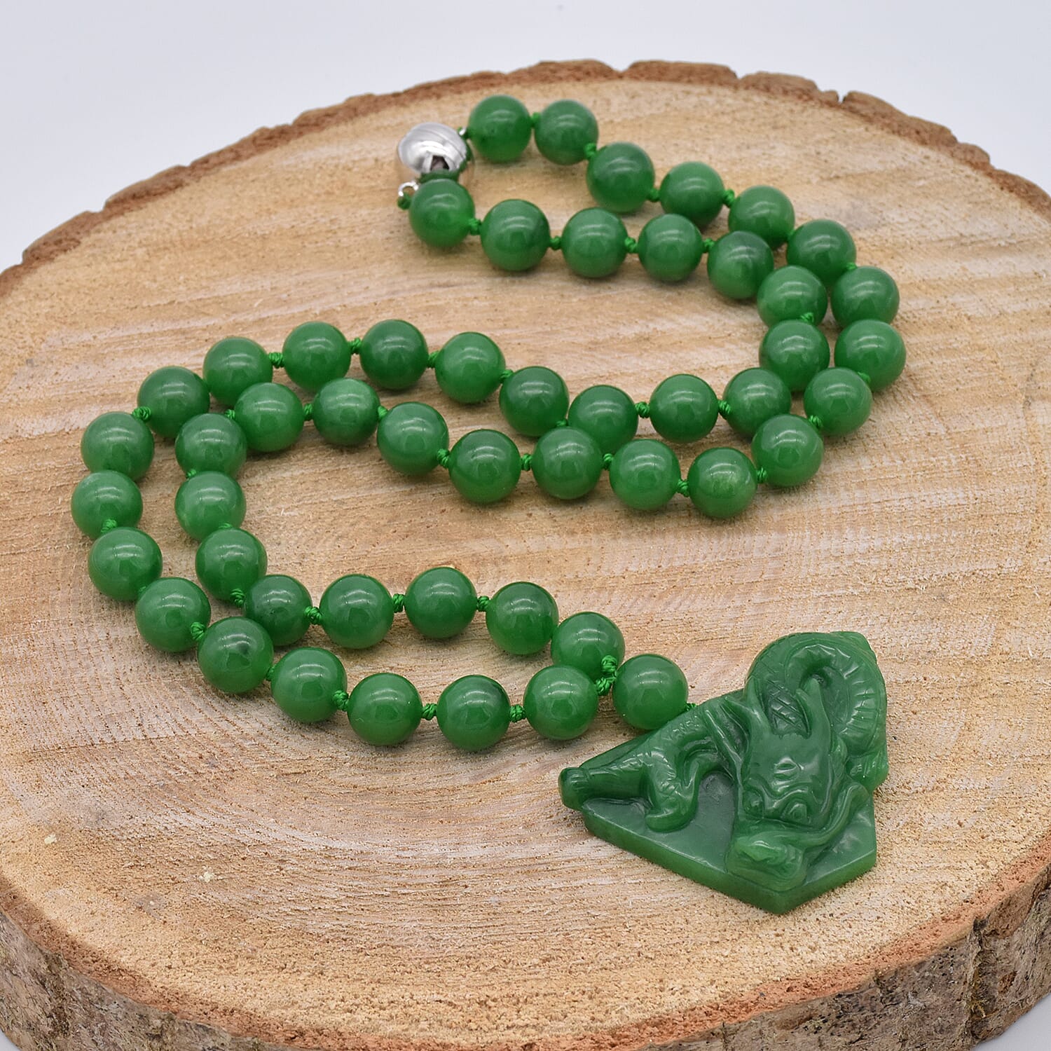 Green Jade Dragon Necklace (Size 24) in Rhodium Overlay Sterling Silver 731.00 Ct.