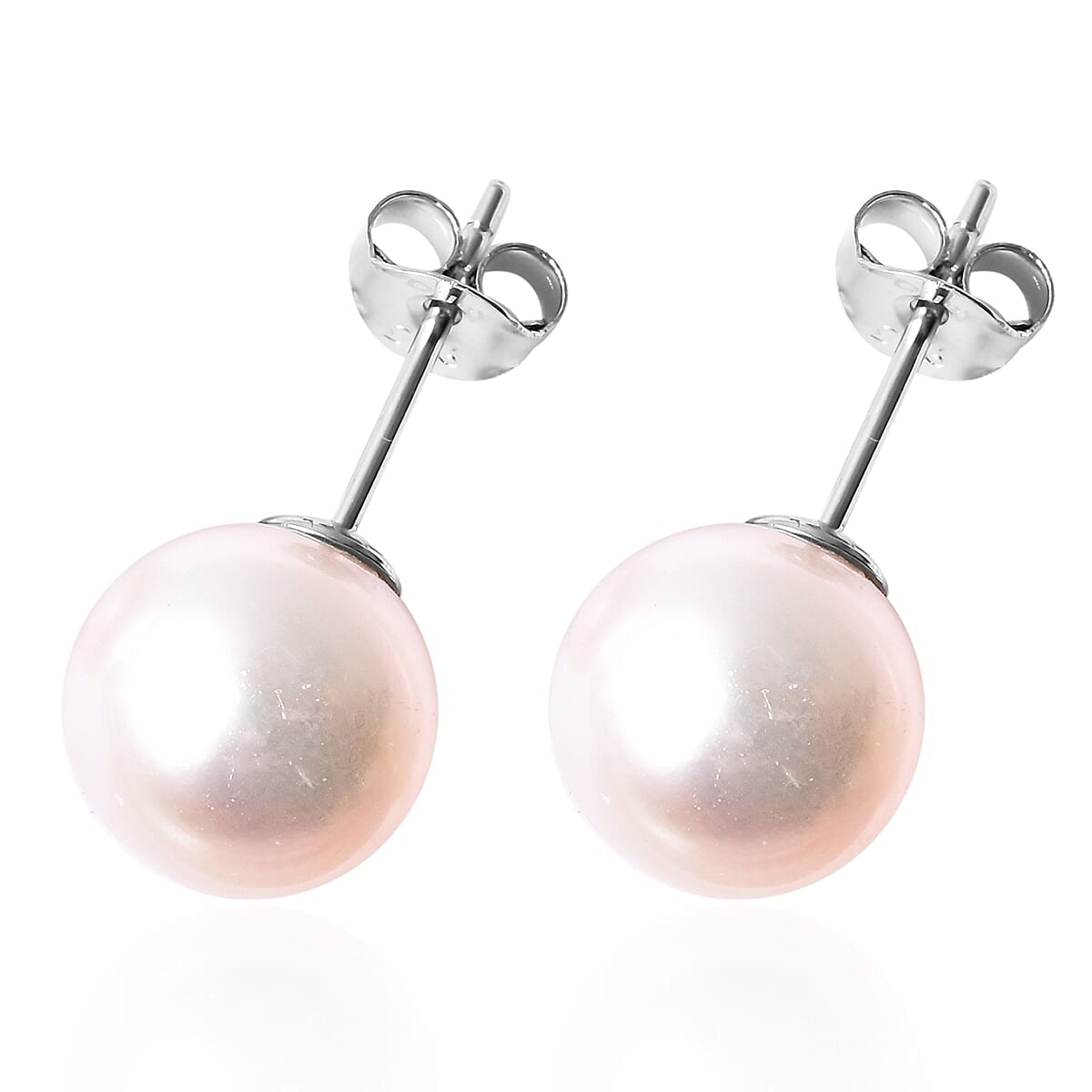 White Edison Pearl Stud Earrings (with Push Back) in Rhodium Overlay Sterling Silver