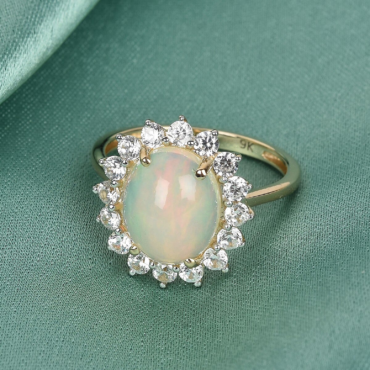 9K Yellow Gold Wegel Tena Opal and Natural Zircon Halo Ring 3.25 Ct.