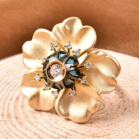 Galatea Pearl - Tahiti Pearl and Natural Zircon Flower Design Carved Ring in 18K Yellow Gold Vermeil Plated Sterling Silver 4.35 Ct, Silver Wt 10.00 Gms