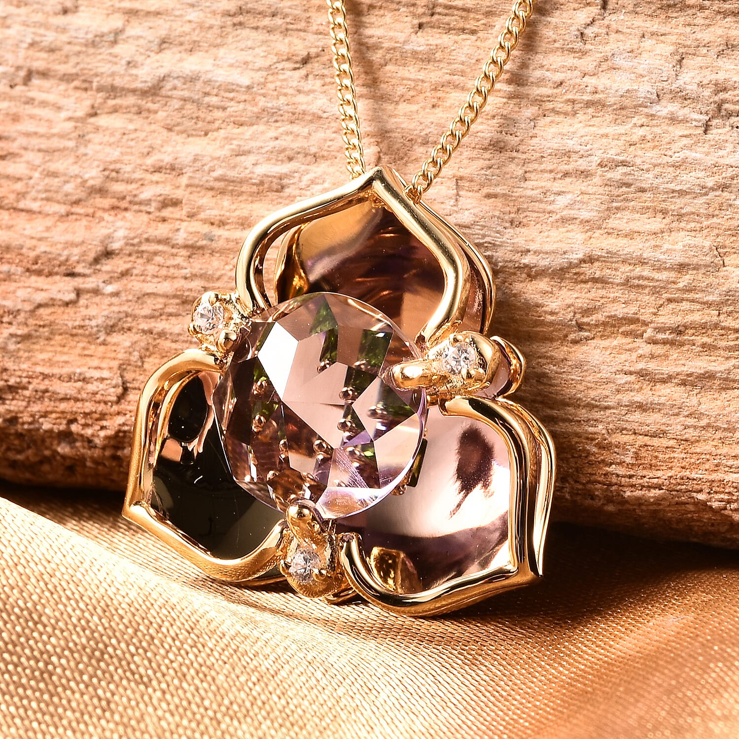 Galatea DavinChi Cut Collection - Amethyst, Mozambique Garnet, Natural Zircon and Chrome Diopside Pendant with Chain (Size 18) in Yellow Gold Overlay Sterling Silver 3.07 Ct.