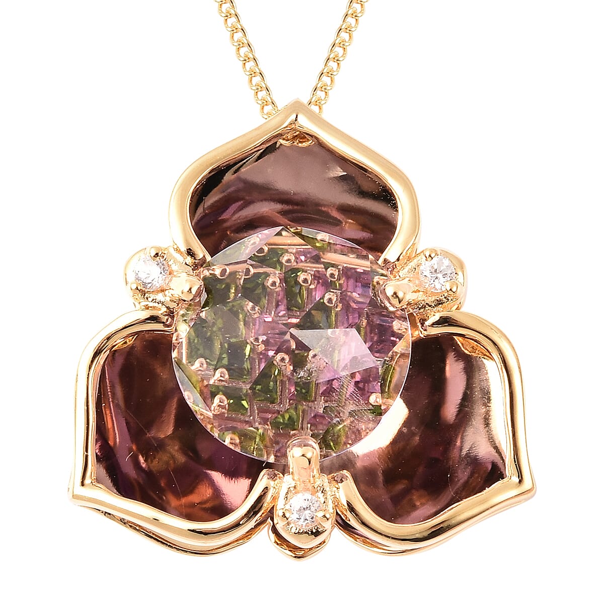 Galatea DavinChi Cut Collection - Amethyst, Mozambique Garnet, Natural Zircon and Chrome Diopside Pendant with Chain (Size 18) in Yellow Gold Overlay Sterling Silver 3.07 Ct.