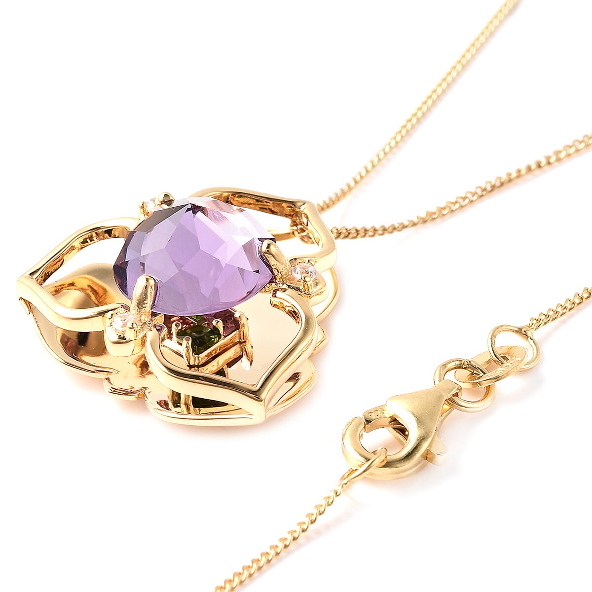 Galatea DavinChi Cut Collection - Amethyst, Mozambique Garnet, Natural Zircon and Chrome Diopside Pendant with Chain (Size 18) in Yellow Gold Overlay Sterling Silver 3.07 Ct.
