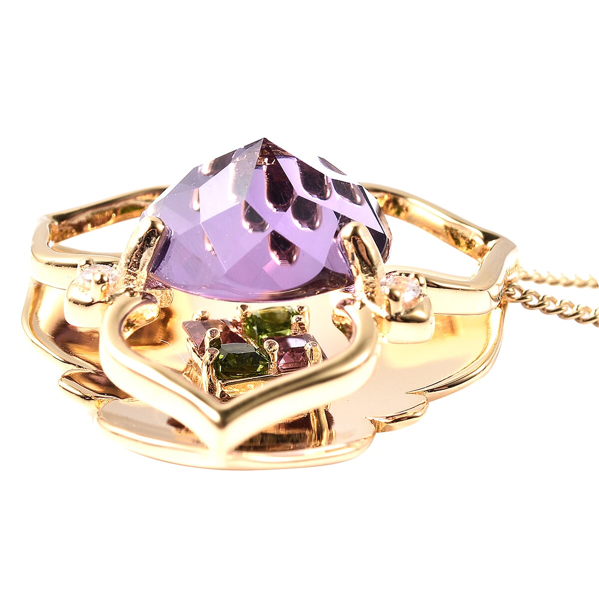 Galatea DavinChi Cut Collection - Amethyst, Mozambique Garnet, Natural Zircon and Chrome Diopside Pendant with Chain (Size 18) in Yellow Gold Overlay Sterling Silver 3.07 Ct.