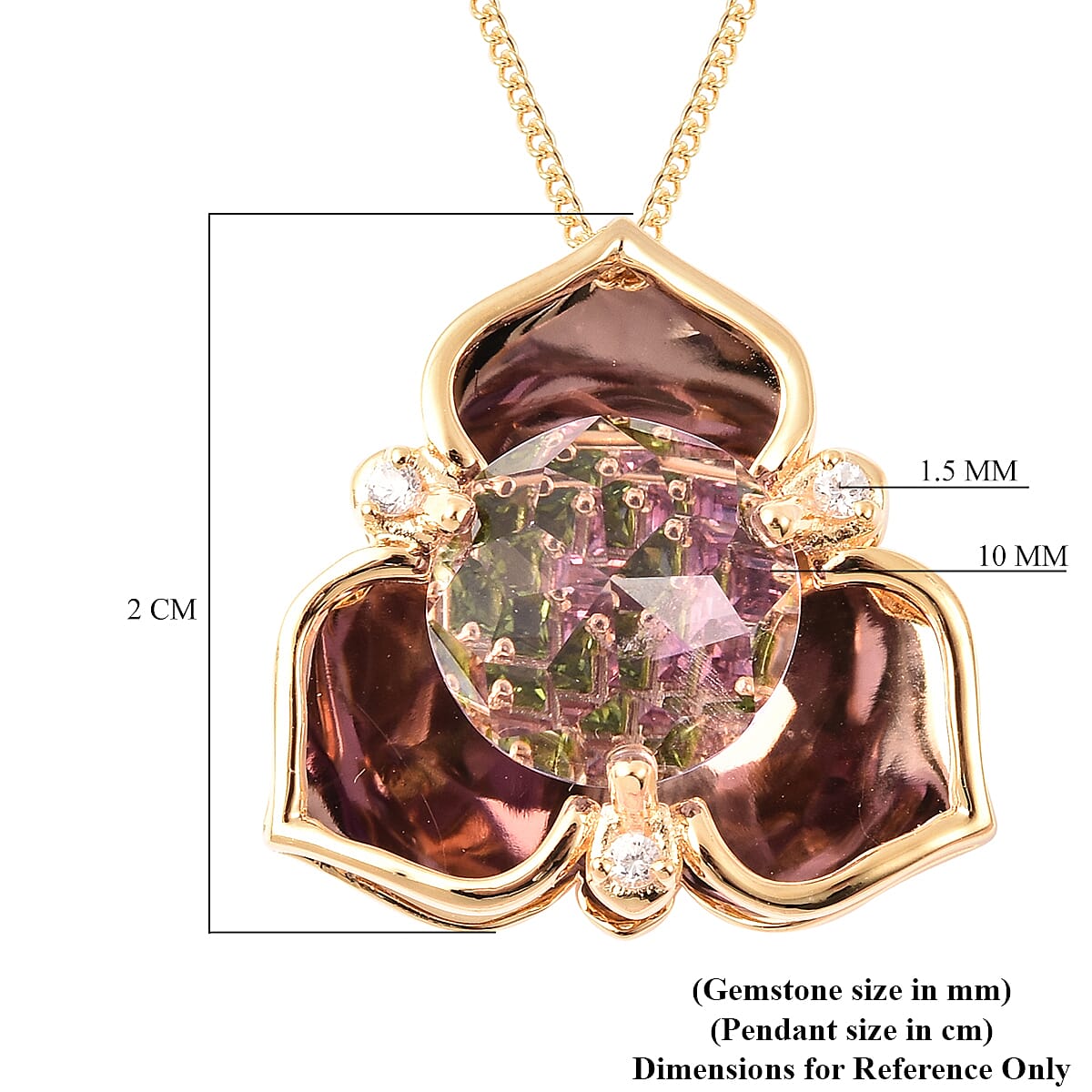Galatea DavinChi Cut Collection - Amethyst, Mozambique Garnet, Natural Zircon and Chrome Diopside Pendant with Chain (Size 18) in Yellow Gold Overlay Sterling Silver 3.07 Ct.