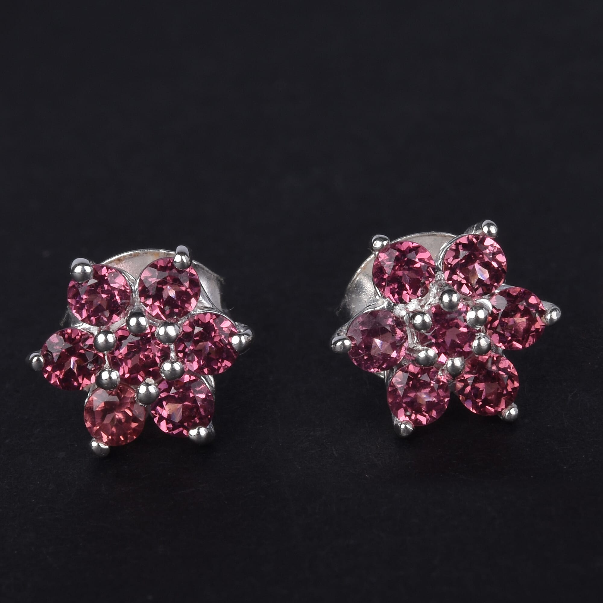 Rose Garnet Floral Stud Earrings (with Push Back) in Sterling Silver 1.00 Ct.