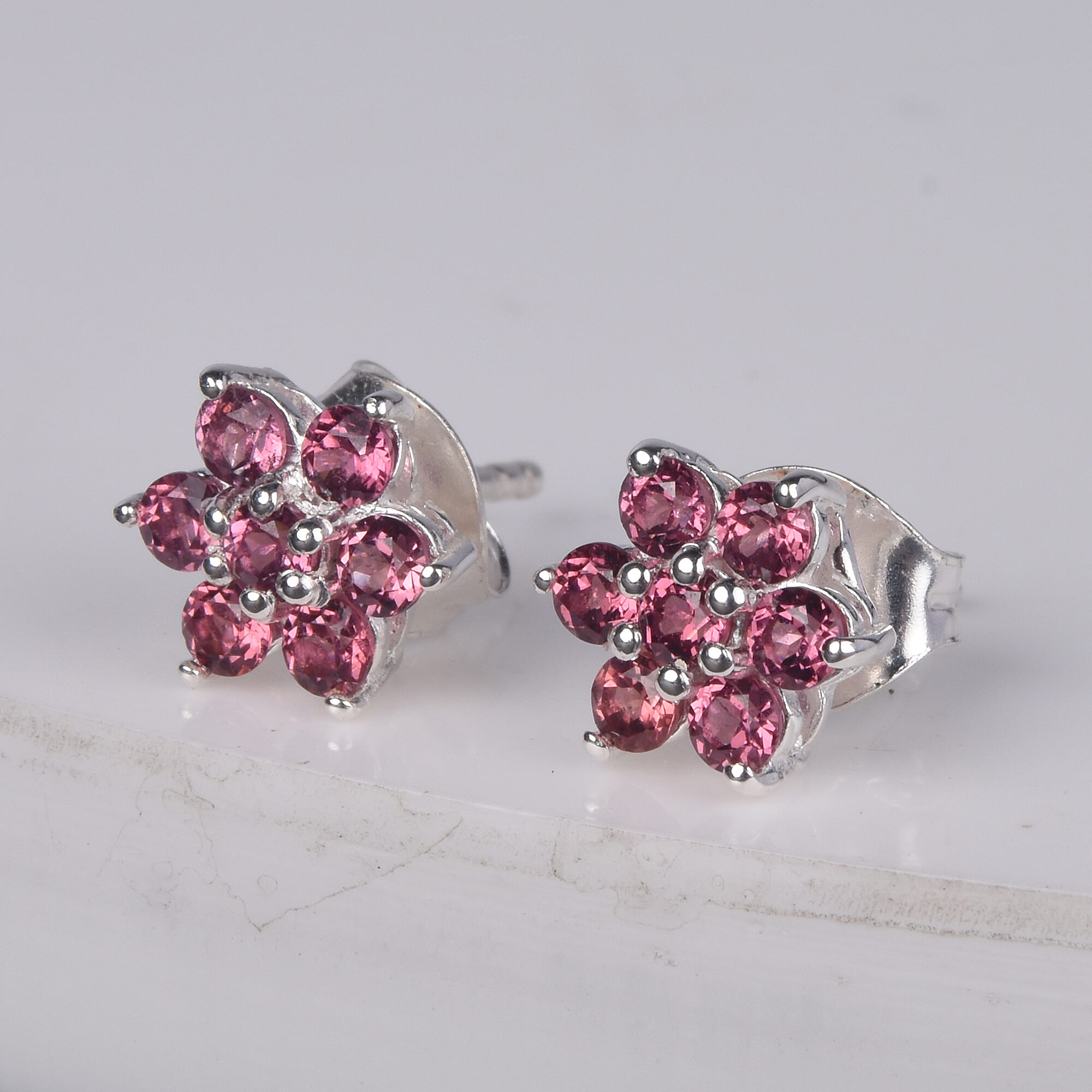 Rose Garnet Floral Stud Earrings (with Push Back) in Sterling Silver 1.00 Ct.