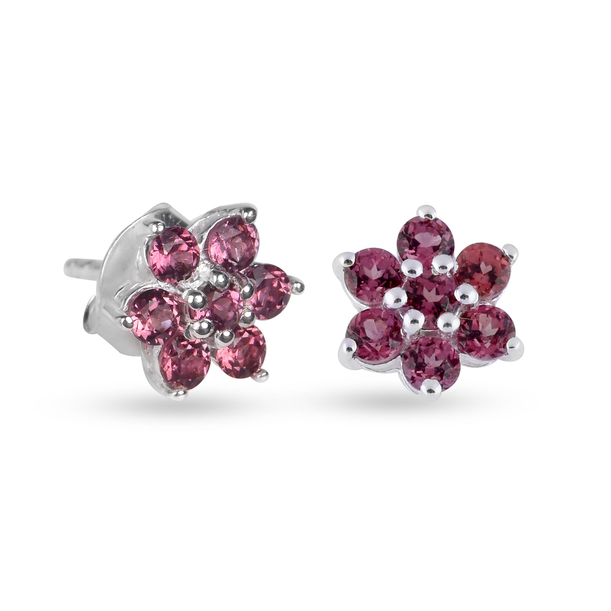 Rose Garnet Floral Stud Earrings (with Push Back) in Sterling Silver 1.00 Ct.