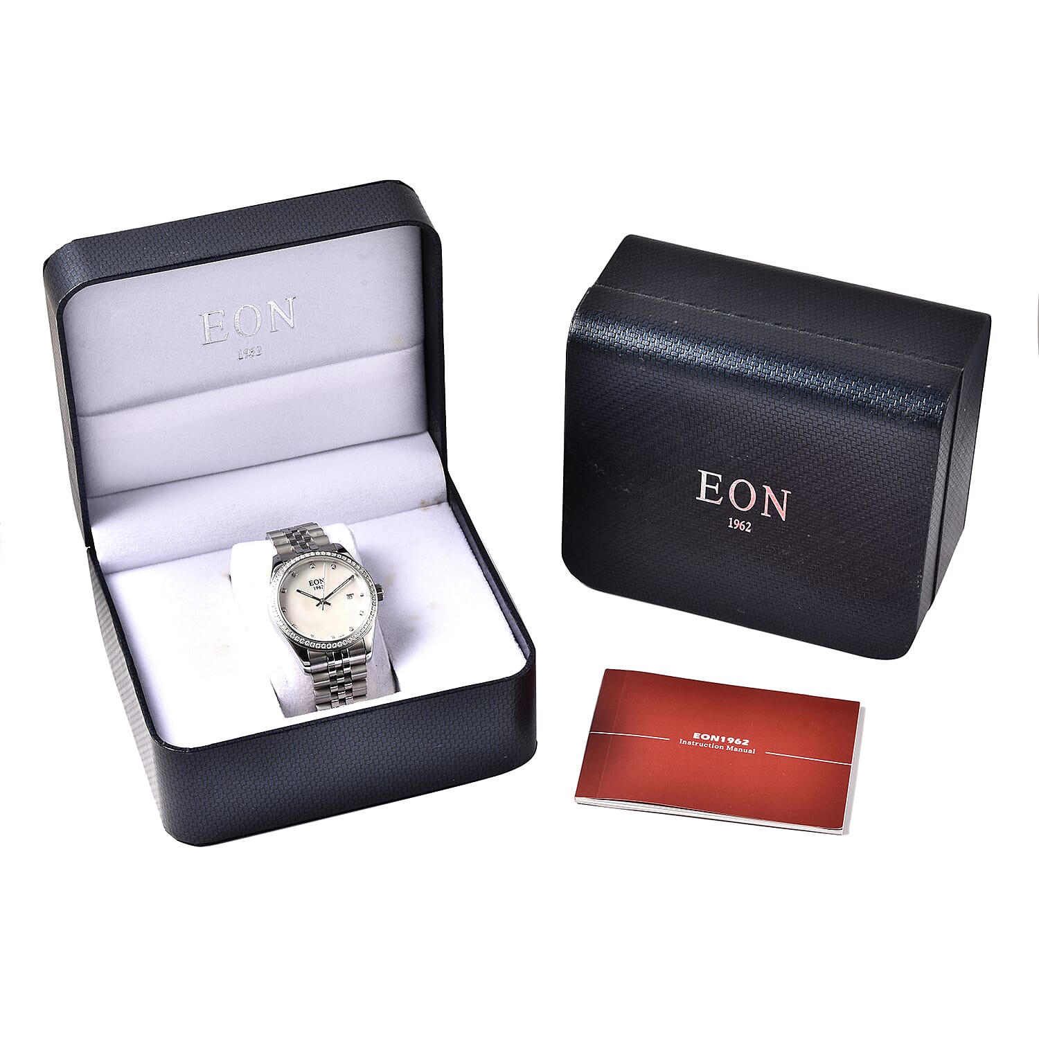 EON 1962 Swiss Movement 5ATM Water Resistant Watch with White Moissanite Embellishments Mother of Pearl Dial and Stainless Steel Strap