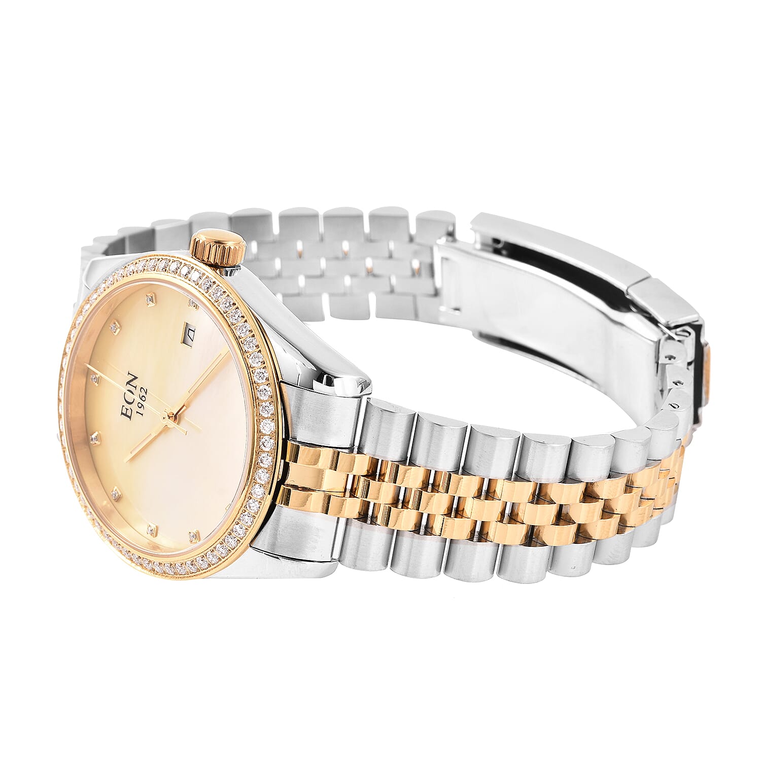 EON 1962 Swiss Movement 5ATM Water Resistant Watch with White Moissanite Embellishments, Yellow Mother of Pearl Dial and Dual Tone Stainless Steel Strap
