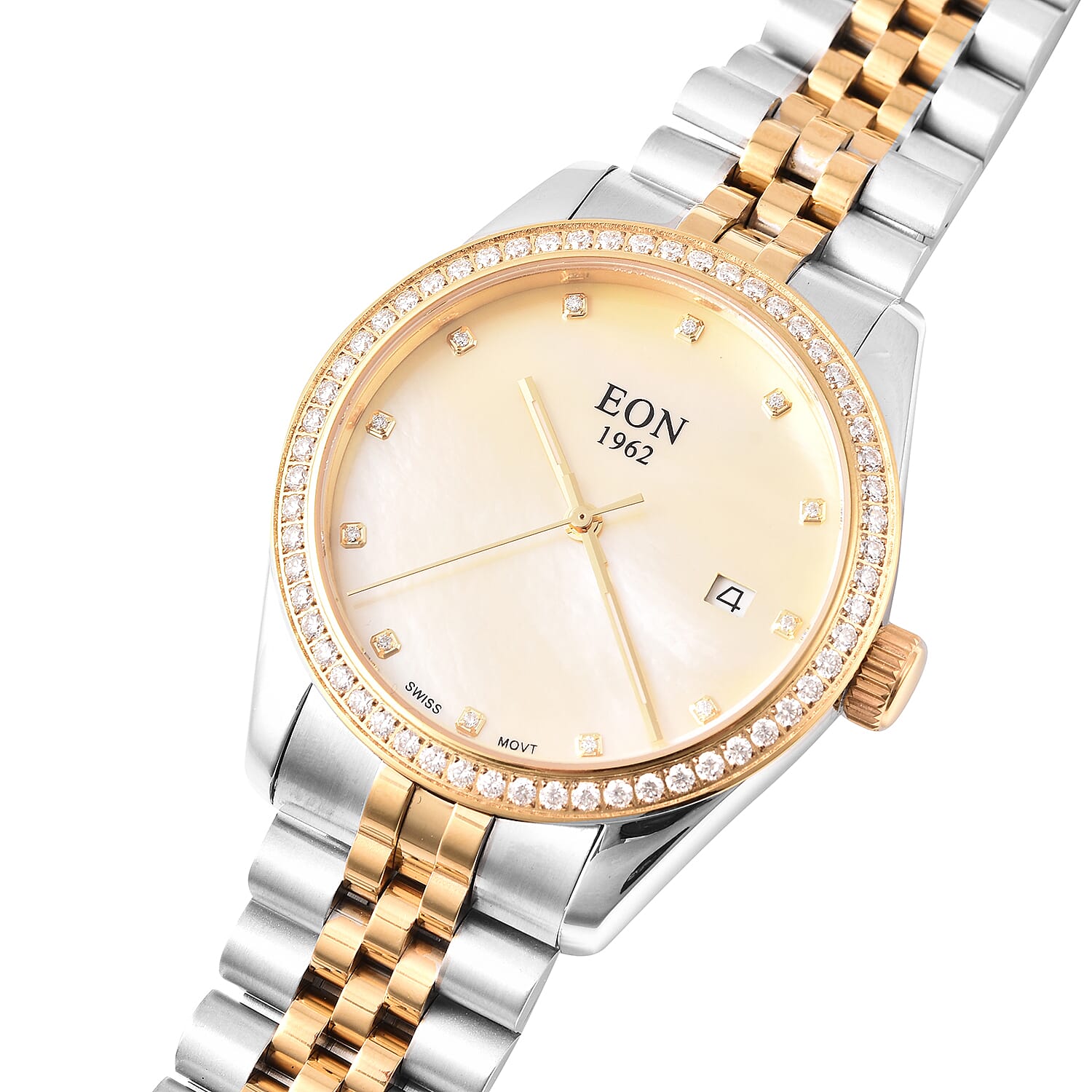 EON 1962 Swiss Movement 5ATM Water Resistant Watch with White Moissanite Embellishments, Yellow Mother of Pearl Dial and Dual Tone Stainless Steel Strap
