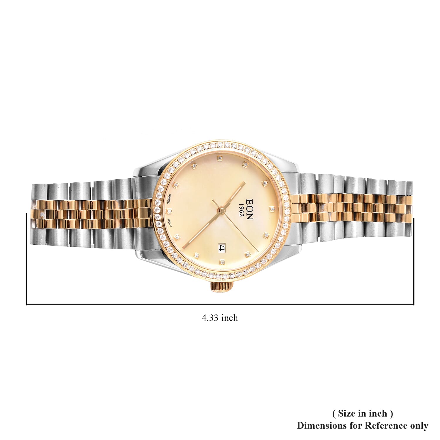 EON 1962 Swiss Movement 5ATM Water Resistant Watch with White Moissanite Embellishments, Yellow Mother of Pearl Dial and Dual Tone Stainless Steel Strap
