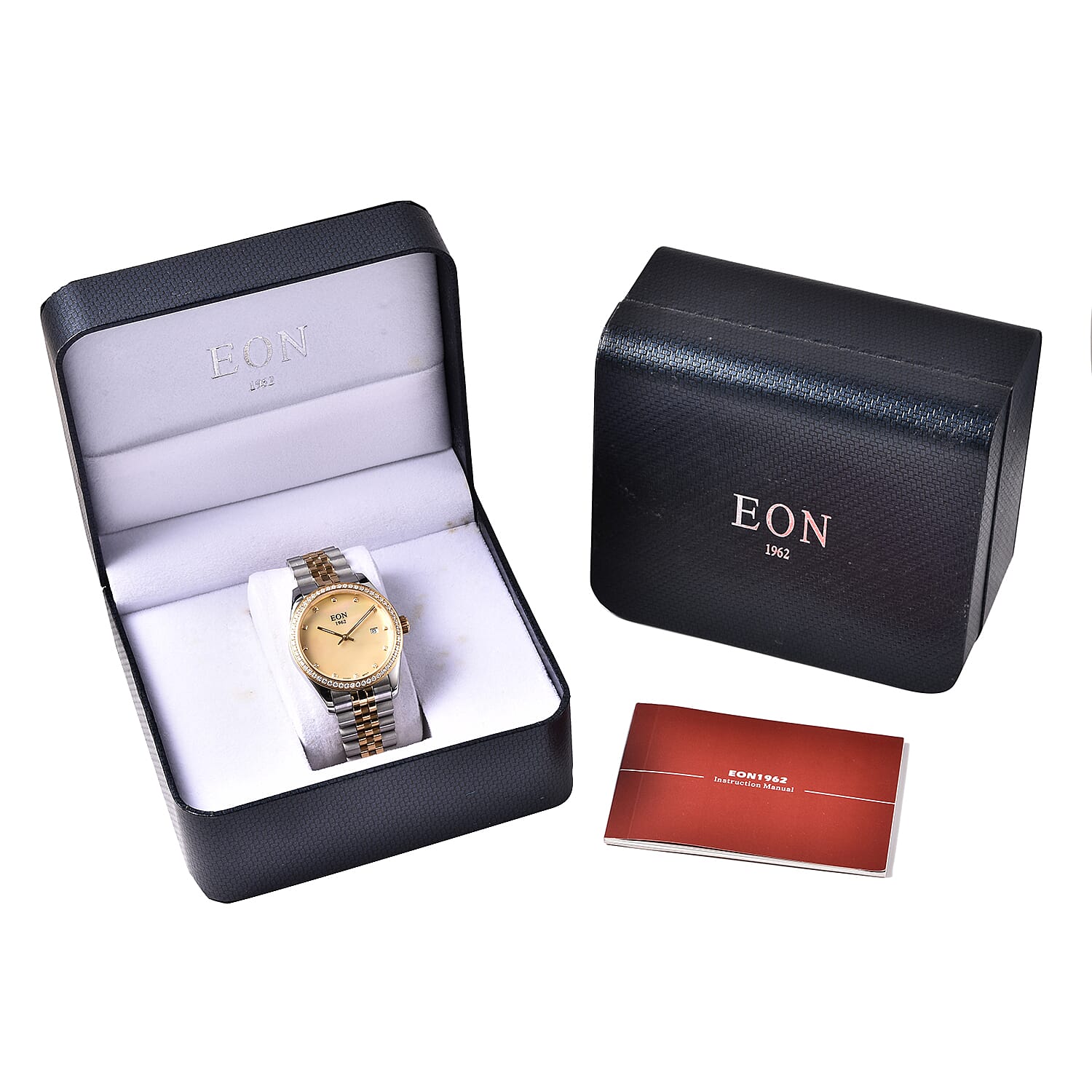 EON 1962 Swiss Movement 5ATM Water Resistant Watch with White Moissanite Embellishments, Yellow Mother of Pearl Dial and Dual Tone Stainless Steel Strap