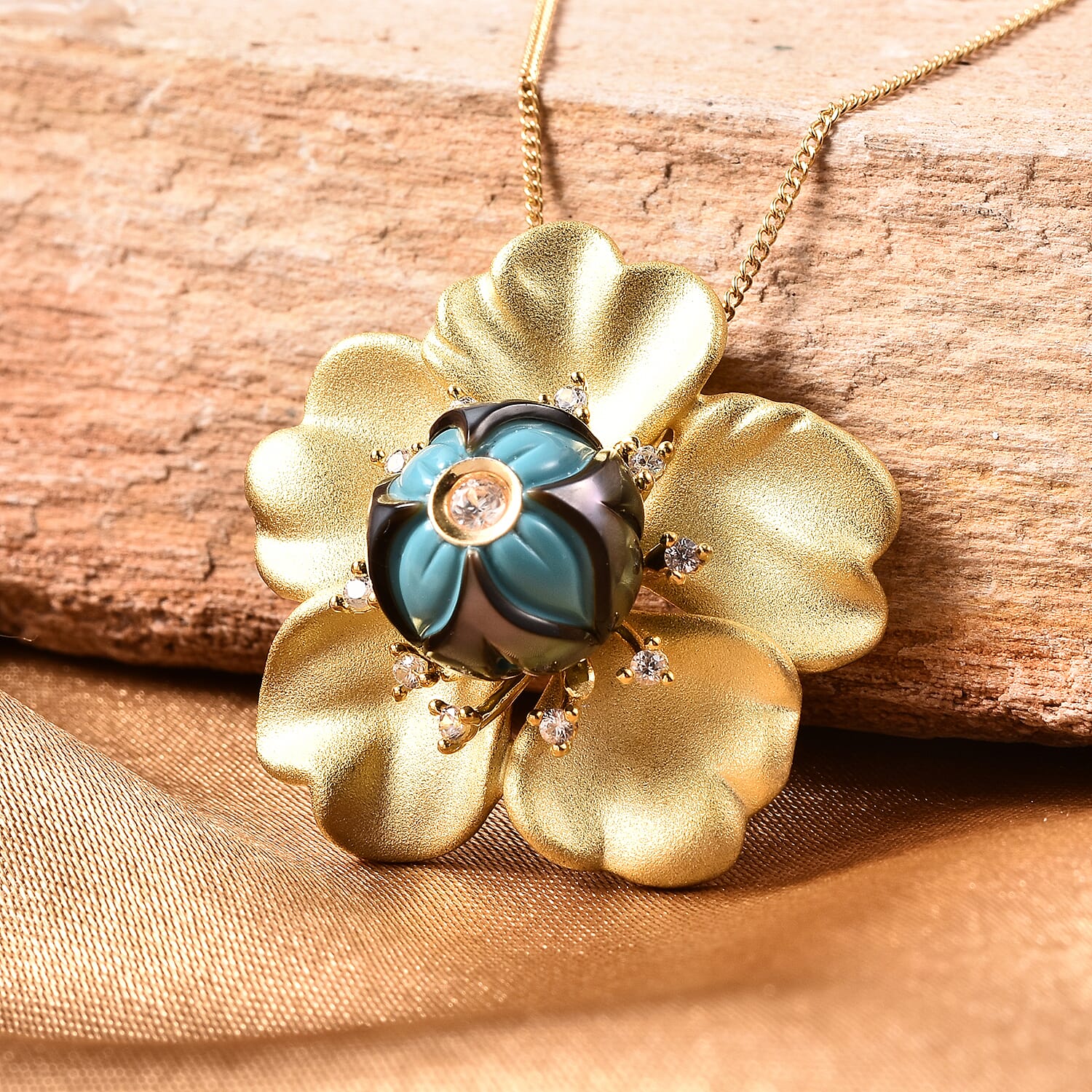 Galatea Pearl - Tahiti Pearl and Natural Cambodian Zircon Floral Design Carved Pendant with Chain (Size 20) in 18K Vermeil Yellow Gold Plated Sterling Silver 4.27 Ct, Silver Wt. 10.92 Gms