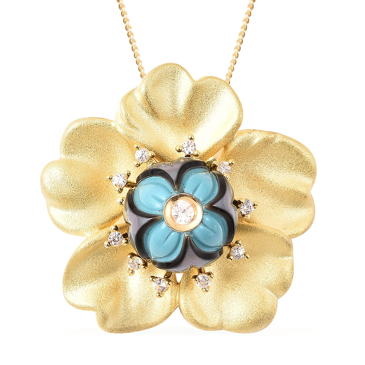 Galatea Pearl - Tahiti Pearl and Natural Cambodian Zircon Floral Design Carved Pendant with Chain (Size 20) in 18K Vermeil Yellow Gold Plated Sterling Silver 4.27 Ct, Silver Wt. 10.92 Gms