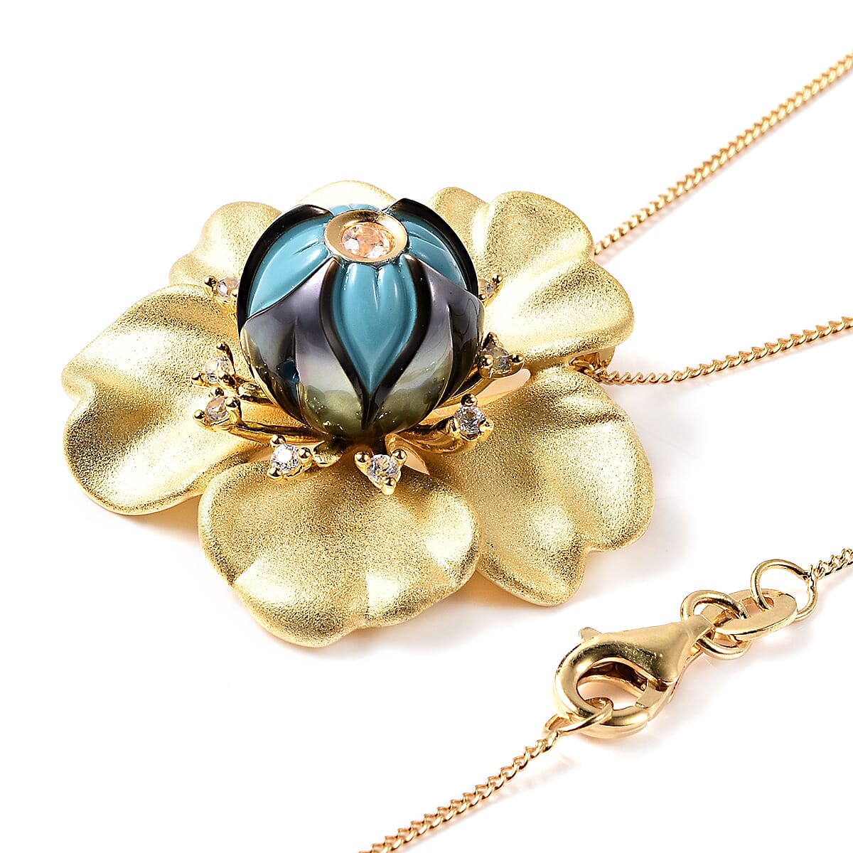 Galatea Pearl - Tahiti Pearl and Natural Cambodian Zircon Floral Design Carved Pendant with Chain (Size 20) in 18K Vermeil Yellow Gold Plated Sterling Silver 4.27 Ct, Silver Wt. 10.92 Gms